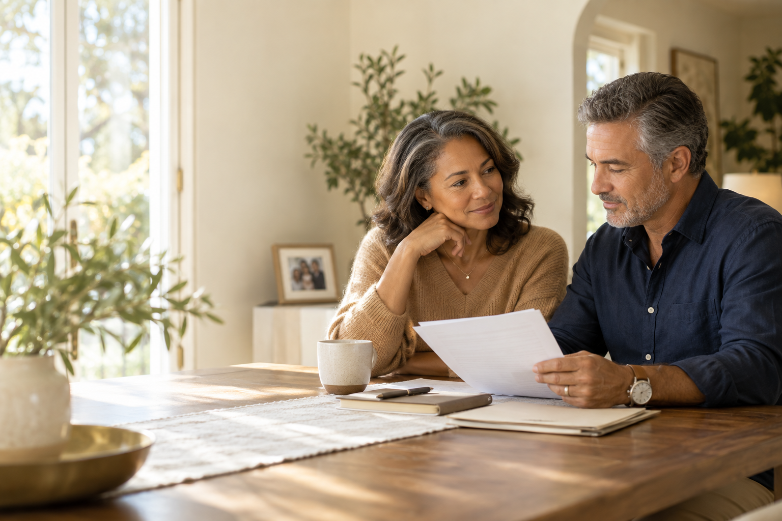 A couple reviewing their planning documents together at home